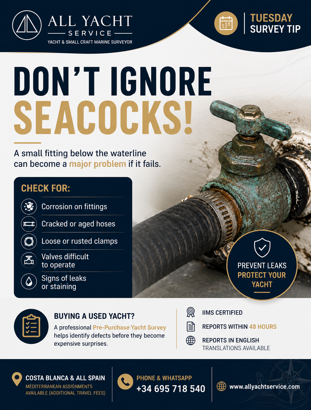 Survey tip graphic showing a corroded yacht seacock and the visible warning signs buyers should check