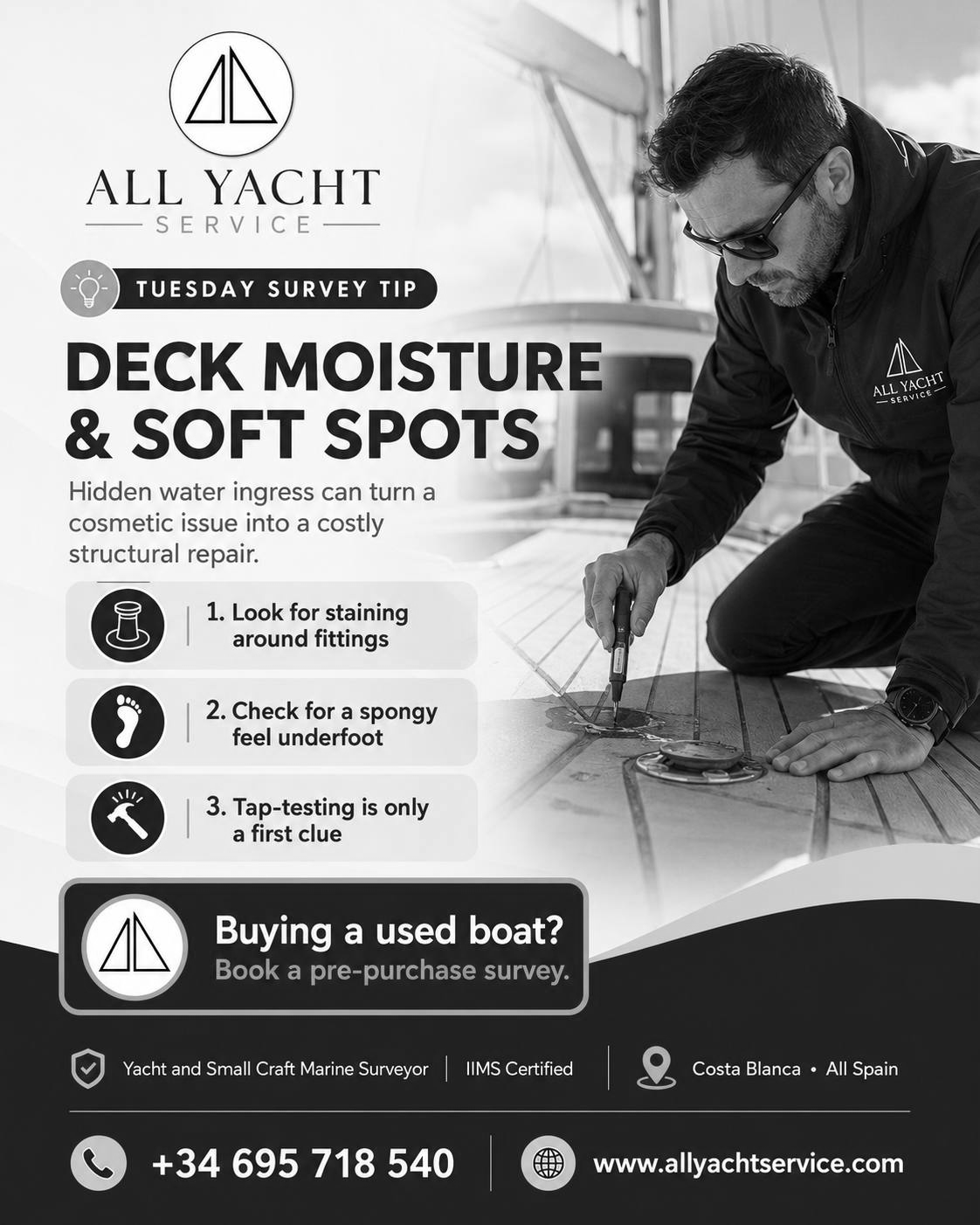 Marine surveyor using a moisture meter during a yacht deck inspection