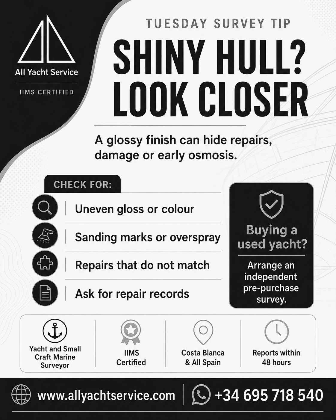 Survey tip graphic explaining that a shiny yacht hull may conceal signs of previous repairs
