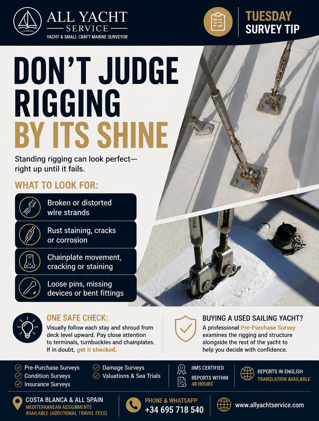 Survey tip graphic showing yacht standing-rigging terminals, turnbuckles and chainplates with visible warning signs to check